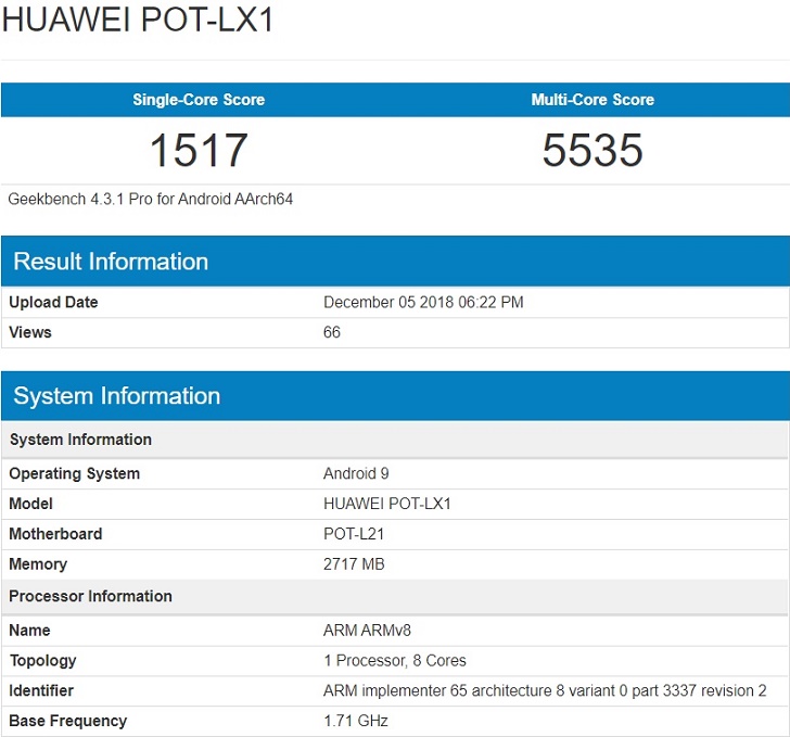 Huawei P Smart (2019) протестирован в Geekbench